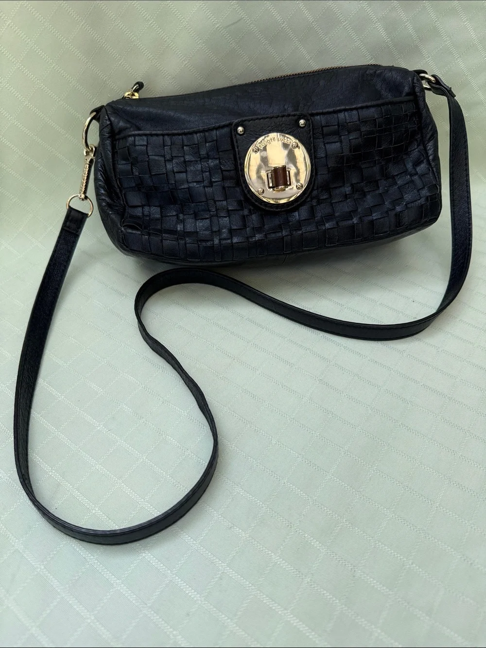 Vintage Elliott Lucca Black Woven Leather Crossbody Bag with Gold Accent